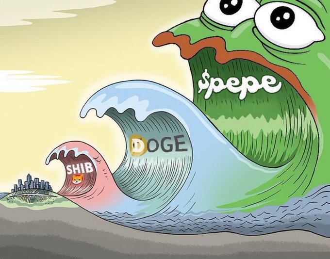 Meme illustration of a giant wave shaped like Pepe the Frog labeled '$pepe' towering over smaller waves labeled 'DOGE' and 'SHIB' approaching a small city.