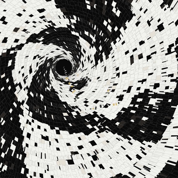 A digital spiral composed of black, white, and gray pixelated tiles creating a hypnotic vortex effect.