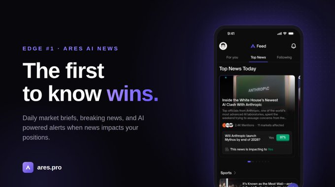 A dark promotional graphic for 'ares.pro' reading 'The first to know wins,' advertising 'ARES AI NEWS' with daily market briefs and a phone mockup showing an Anthropic news alert about Mythos launch.