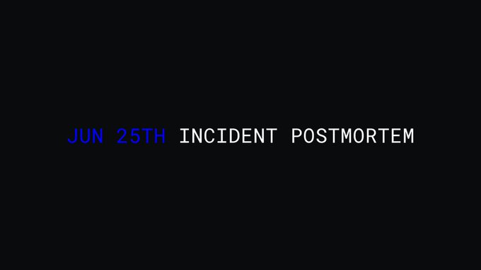 The image displays a title card reading "JUN 25TH INCIDENT POSTMORTEM" in blue and white text on a dark background, which corresponds to the accompanying post summarizing Base's two temporary outages on June 25-26 caused by a bug in Base's sequencer.