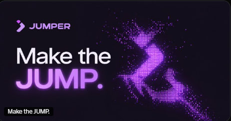 A digital advertisement graphic features the word 'JUMPER' and the slogan 'Make the JUMP.' in white and purple text against a black background with a pixelated purple design.