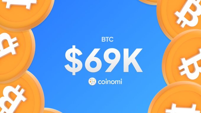 A Coinomi graphic displaying BTC at $69K on a blue background surrounded by 3D Bitcoin icons.