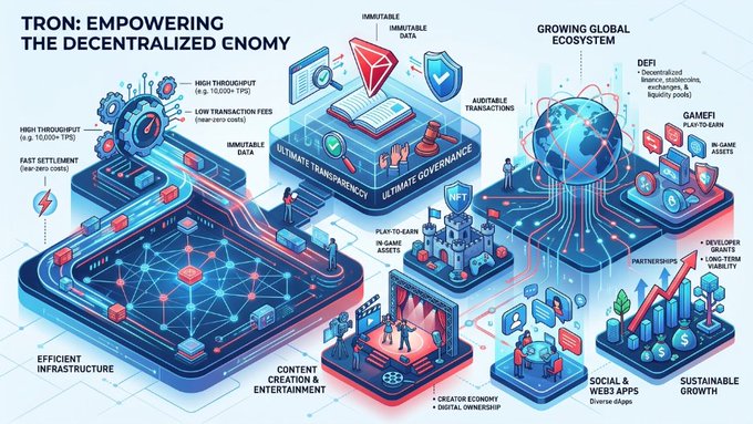 The image is an infographic titled "TRON: EMPOWERING THE DECENTRALIZED ECONOMY," showcasing TRON's key features and ecosystem benefits—including high throughput (up to 10,000+ TPS), low transaction fees (near-zero), fast settlement, ultimate transparency, immutable data, and a growing global ecosystem supporting DeFi, GameFi (play-to-earn in-game assets), content creation & web3 entertainment, social & web3 apps, partnerships, developer grants, and sustainable growth.

The visual directly reinforces the post by illustrating how TRON's efficient infrastructure and expanding ecosystem—highlighted through interconnected icons of data, governance, and digital ownership—empower the decentralized economy described in the caption.
