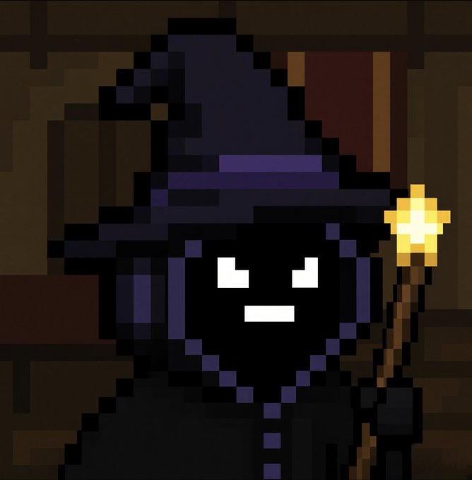 A pixel art character of a shadowy figure wearing a pointed wizard hat and holding a glowing yellow staff, set against a dark wooden background.
