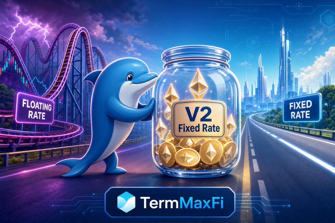 The image features a cartoon depiction of a dolphin holding a jar filled with gold coins. The text "V2 Fixed Rate" is written above the scene. This suggests that there might be an offer for a fixed rate, possibly related to cryptocurrency or lending services like Aave and Compound.