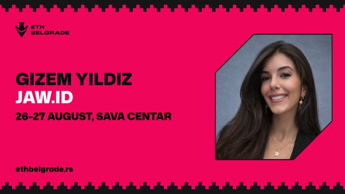A pink promotional graphic for ETH Belgrade featuring speaker Gizem Yildiz (JAW.ID), scheduled for 26-27 August at Sava Centar, with the website ethbelgrade.rs.