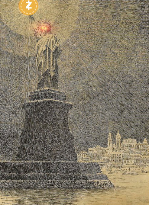 A detailed engraving shows the Statue of Liberty standing on its pedestal with rain falling over New York Harbor, and a Zcash (ZEC) cryptocurrency logo watermark in the upper left corner.