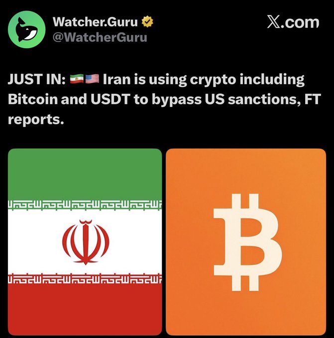 A tweet from @WatcherGuru stating "JUST IN: Iran is using crypto including Bitcoin and USDT to bypass US sanctions, FT reports," with Iranian flag and Bitcoin logo graphics.