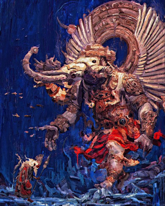 A dark fantasy oil painting depicting a massive mechanical elephant warrior with glowing eyes towering over a small robed figure holding a staff against a deep blue background.