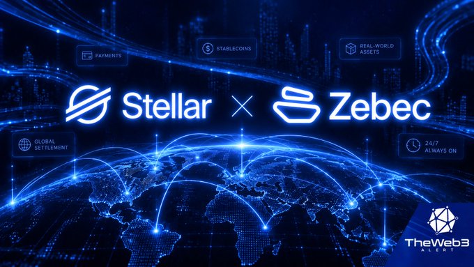 A digital graphic with a blue tech-themed world map announces a partnership between 'Stellar' and 'Zebec', highlighting features like 'PAYMENTS', 'STABLECOINS', and '24/7 ALWAYS ON'.