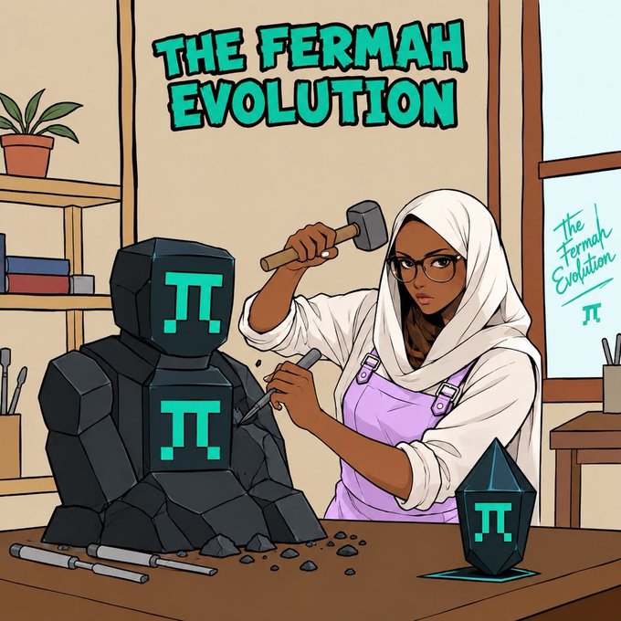 A cartoon illustration titled 'THE FERMAH EVOLUTION' shows a woman wearing a white headscarf and purple overalls using a hammer and chisel to sculpt a dark stone statue marked with teal pi symbols, in a workshop with a 'The Fermah Evolution' sign.