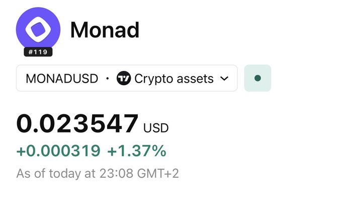 The image shows a screenshot of a phone screen with a message from Monad, an altcoin, stating "Monad is going to outperform MegaETH". The text is written in black against a white background, making it stand out clearly. This message seems to be related to the post about cryptocurrency trading and the current value of the altcoin being 0.02334USDC.