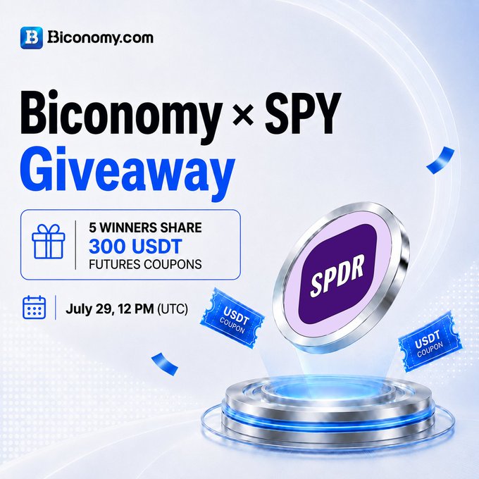 The image is a promotional graphic announcing a "Biconomy × SPY Giveaway," featuring Biconomy.com's branding alongside the ticker $SPDR, with text highlighting that 5 winners will share 300 USDT Futures Coupons, ending July 29 at 12 PM UTC. The accompanying post provides instructions for participants to join the SPY Carnival on Biconomy by following, liking, reposting, tagging friends, and commenting with their UID.