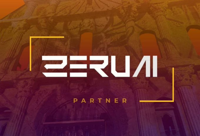 A promotional image featuring the stylized text "ZERUA" with "PARTNER" written below it, displayed over an orange and purple gradient overlay of an ornate classical building with columns.