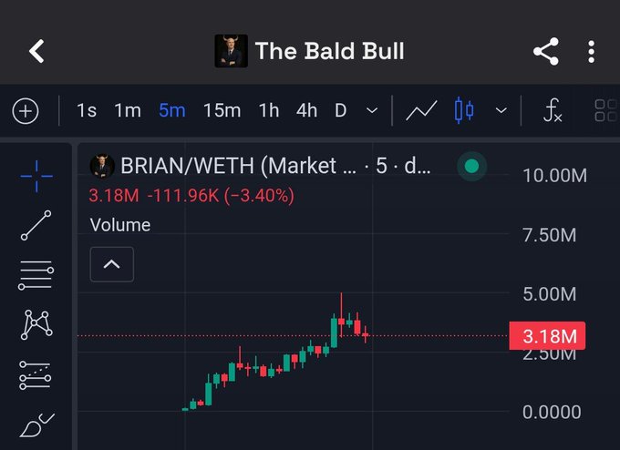 A TradingView chart screenshot for "The Bald Bull" showing the BRIAN/WETH market pair on a 5-minute timeframe, with a 3.40% decline (-111.96K) to 3.18M and volume at 5.76M. The chart illustrates the high-volatility price action referenced in the post's warning about the token's low float, with the current price highlighted near recent highs before the sharp drop.