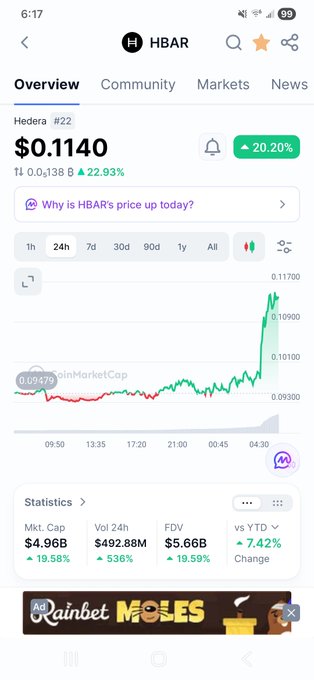 A mobile screenshot shows HBAR (Hedera) cryptocurrency priced at $0.1140, up 20.20% with a Market Cap of $4.96B.