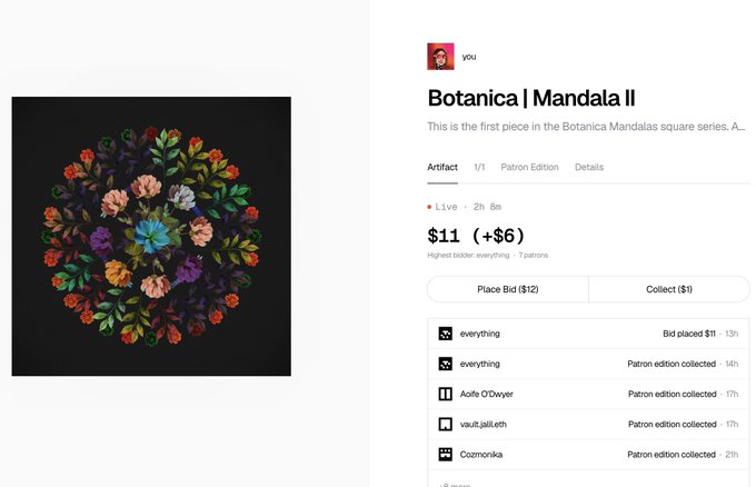 A webpage screenshot for an NFT artwork titled 'Botanica | Mandala II' featuring a circular floral mandala design, currently at a highest bid of $11 with multiple patrons listed.