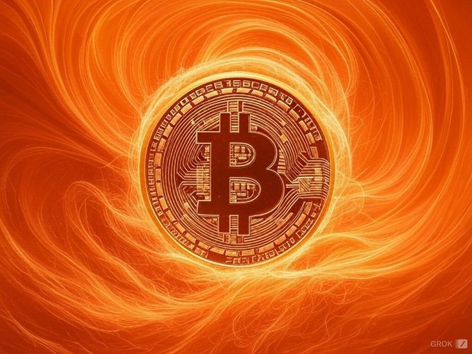 A glowing golden Bitcoin coin emblem centered against a swirling, fiery orange background, bearing a 'GROK' watermark in the bottom right corner.