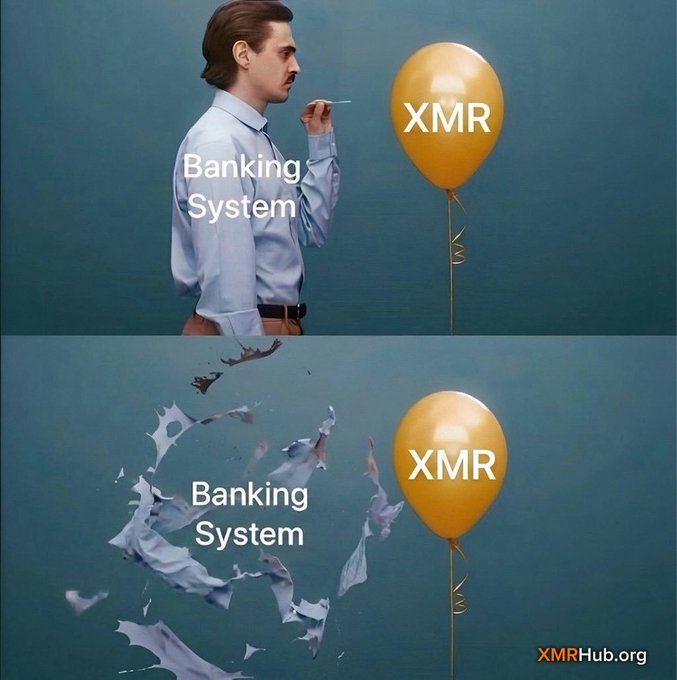 The image shows a balloon with "XMR" written on it, which is related to the banking system. The balloon has been deflated, representing the current state of the banking system where money supply is controlled by banks rather than being freely available for everyone. The deflated balloon symbolizes the idea that the banking system might be losing its ability to provide financial freedom and privacy due to various factors such as surveillance, censorship, or other external influences.