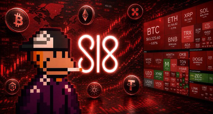 Crypto-themed graphic featuring a pixelated character smoking a cigarette, the $18 symbol, and a market dashboard showing BTC at $63,325.60 along with other tokens like ETH, XRP, SOL, and BNB.
