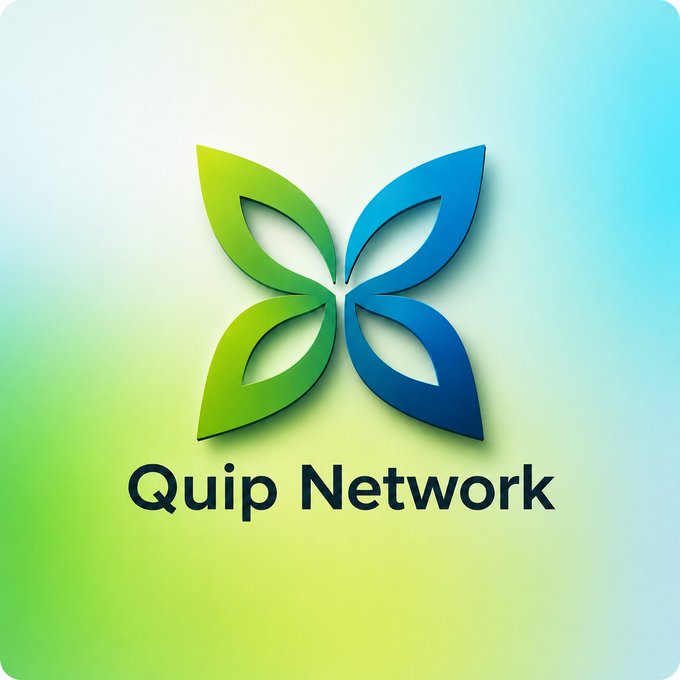 A logo for 'Quip Network' featuring a stylized butterfly composed of green and blue leaf-like shapes on a soft gradient background.