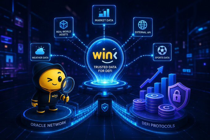 A digital illustration depicts a WinK oracle network mascot with icons representing market data, external API, sports data, weather data, and real-world assets for DeFi protocols.