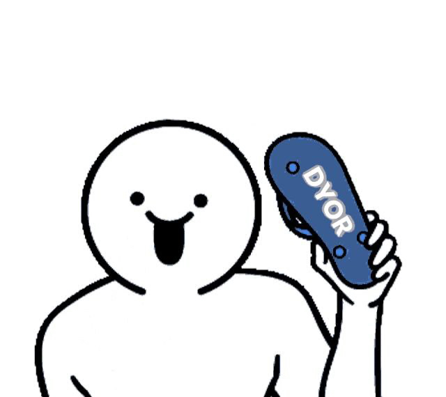The image features a white cartoon character with a big smile, holding up a blue flip flop that has "DYOR" written on it. This suggests that someone might be promoting or celebrating the brand of the flip flop being held by the character in the image.