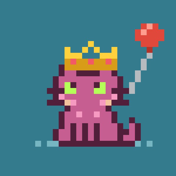 A pixel art illustration of a pink cat wearing a yellow crown, holding a red flower-shaped wand on a teal background.