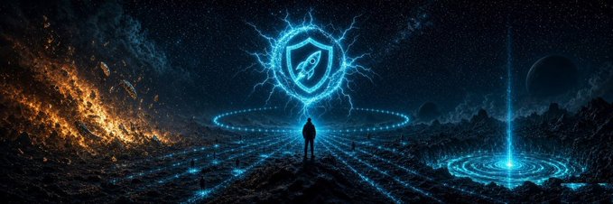 A lone figure stands before a glowing blue shield emblem with a rocket symbol, surrounded by electric energy and cosmic landscapes, symbolizing a secure crypto launch. The image visually reinforces the post's message about a project's strong fundamentals—token burns, liquidity injections, and upcoming promotional calls—evoking themes of protection, momentum, and ascent in the crypto space.