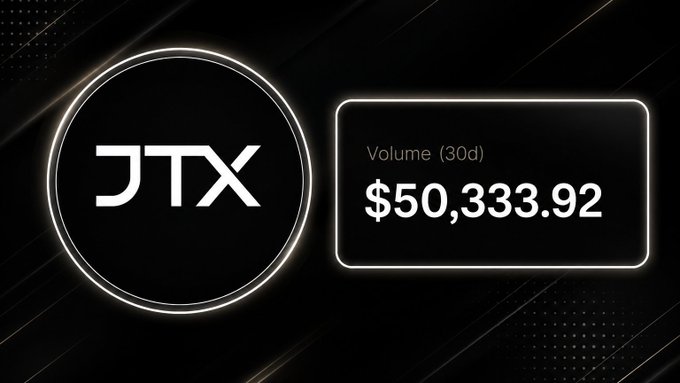 A dark dashboard graphic showing 'JTX' in a circular logo alongside trading volume of '$50,333.92' over 30 days.
