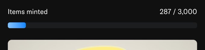 A progress bar interface showing "Items minted" with 287 / 3,000 displayed, with the blue indicator bar partially filled.