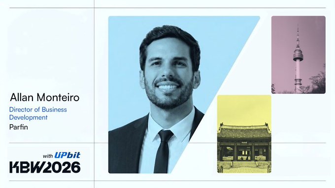 A professional headshot of a smiling man in a suit and tie, identified as 'Allan Monteiro, Director of Business Development, Parfin', with 'KBW2026' and 'with UPbit' logos displayed, alongside images of a communications tower and a traditional building.