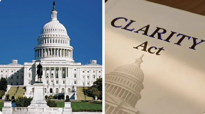 The image shows the U.S. Capitol building alongside a document labeled "CLARITY Act," symbolizing the legislation's path through Congress as it heads to the Senate floor for a key vote on U.S. crypto regulation.