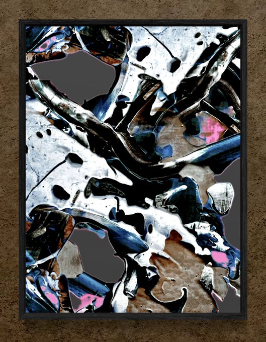 An abstract, mixed-media framed artwork featuring dark blue, black, white, and pink glossy, melted-looking forms against a textured brown background.
