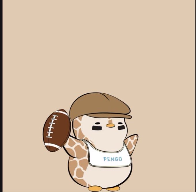 A cartoon penguin character wearing a brown cap and a bib labeled "PENGU" holds a football, appearing to be a mascot illustration for the Pudgy Penguins NFT project. The image relates to the tagged accounts associated with the Pudgy Penguins ecosystem and its creator.