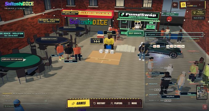 A screenshot of a casino video game interface showing a virtual gambling floor with games like 'SaitoshiDICE' and 'PumpSwap', featuring player avatars, dice on tables, and various in-game stats.