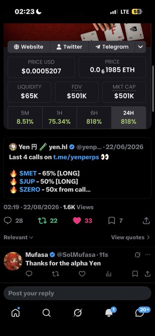 A mobile screenshot shows a token called FLUSH priced at $0.0005207 with a market cap of $501K, along with a tweet from @yenperps listing crypto calls including $MET, $JUP, and $ZERO.