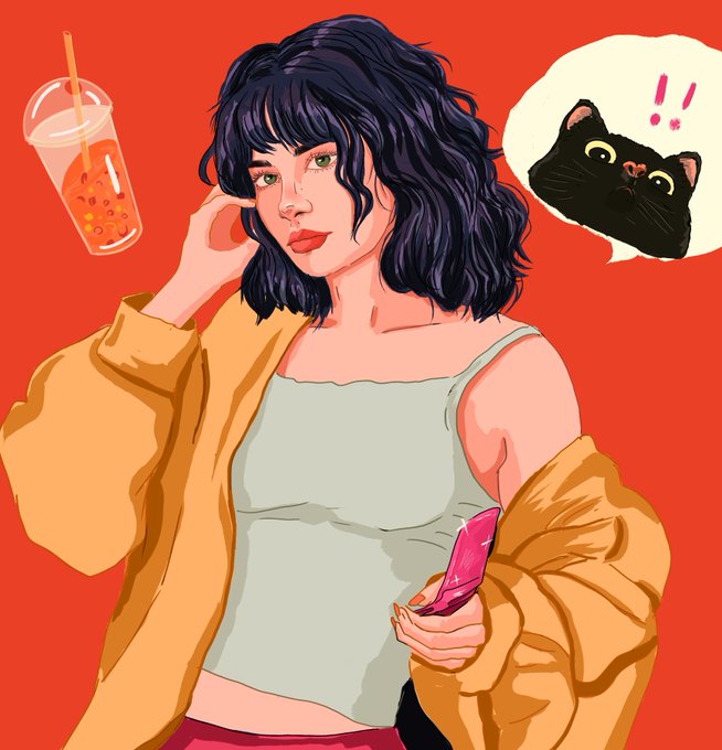 An illustration of a woman with short dark hair holding a bubble tea, wearing a yellow jacket over a green tank top, with a speech bubble showing a surprised black cat against a bright red background.
