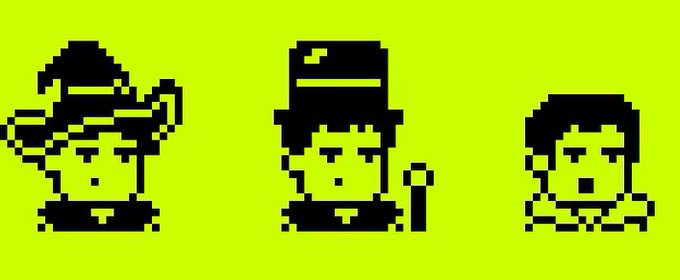 Three pixel-art character portraits rendered in black on a bright yellow-green background, resembling retro Game Boy sprites with varying hairstyles and accessories, likely serving as profile avatars or collectible character art for the Hoodbits community NFT project mentioned in the post.