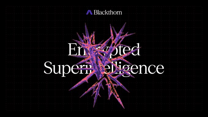 A black promotional graphic with the "Blackthorn" logo at the top and the text "Encrypted Superintelligence" overlaid on a vibrant, spiky purple and pink fractal-like design. The image visually reinforces the post's message about Arcium's real-world, working products in the privacy and encryption space, contrasting their tangible progress with the "encrypted superintelligence" branding rather than empty hype.