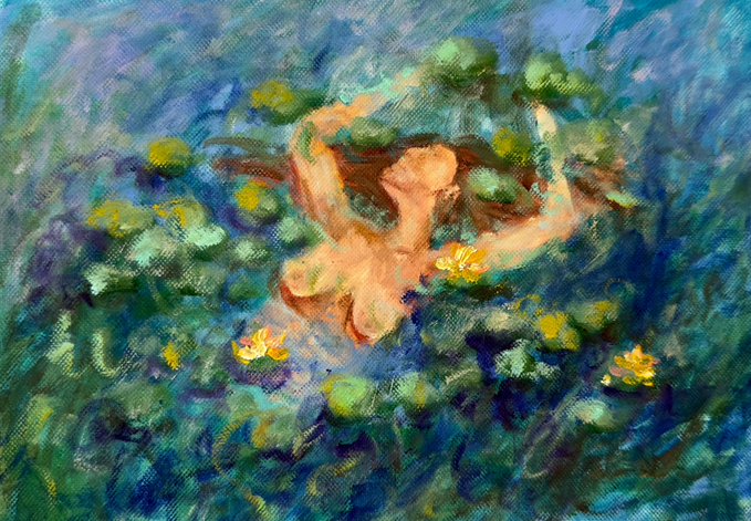 An impressionistic painting of a figure with flowing reddish hair floating or swimming among green lily pads and yellow water lilies on blue water.