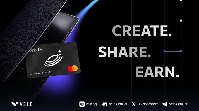An advertisement for Velo featuring a black 'Orbit+' Mastercard with the text 'CREATE. SHARE. EARN.' and links to velo.org and Velo Official social media.