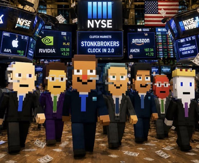 A humorous image of pixelated Voxel-style characters dressed as businessmen on the New York Stock Exchange (NYSE) trading floor, with screens showing AAPL (Apple), NVIDIA, Amazon (AMZN), and "STONKBROKERS CLOCK IN 2.0."