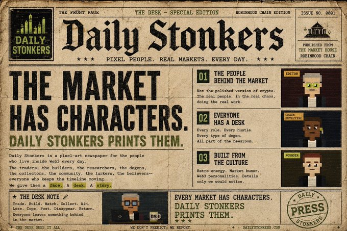 A pixel-art newspaper styled "Daily Stonkers" (Issue No. 0001, Robinhood Chain Edition) features the bold headline "THE MARKET HAS CHARACTERS," showcasing pixelated Editor, Chain Detective, and Founder characters alongside the tagline "Pixel People. Real Markets. Every Day." The accompanying post complements this visual by personifying crypto market archetypes—traders, builders, researchers, collectors, degens, and lurkers—who embody the characters the newspaper claims to print.