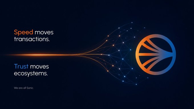 A dark promotional graphic for Sonic features the company's orange and blue globe-style logo connected to a glowing network of nodes, alongside the tagline "Speed moves transactions. Trust moves ecosystems. We are all Sonic." The sleek, tech-forward design reflects Sonic's brand messaging about transaction speed and ecosystem trust.