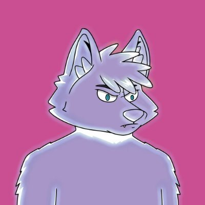 An illustration of an anthropomorphic purple wolf or cat character with white fur accents and a serious expression against a pink background.