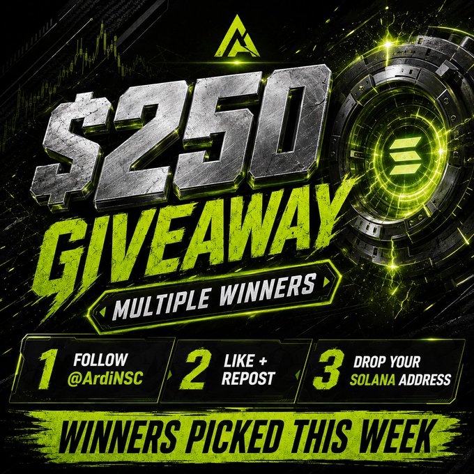 A bold, neon-green and black promotional graphic announces a "$250 GIVEAWAY" with "MULTIPLE WINNERS," featuring the ArdiNSC logo and three entry steps: follow @ArdiNSC, like & repost, and drop a Solana address, with "WINNERS PICKED THIS WEEK" highlighted at the bottom.

The image visually reinforces the post's giveaway announcement by displaying the $250 prize, the requirement to follow @ArdiNSC, like/repost, and submit a wallet—though the graphic specifies a "SOLANA ADDRESS" while the post mentions a $USDT wallet.