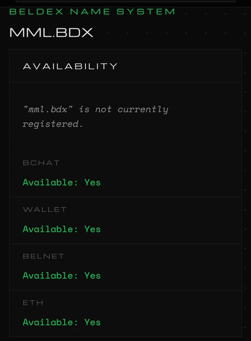A Beldex Name System page showing availability check for 'mml.bdx', confirming it is not registered but available across BCHAT, WALLET, BELNET, and ETH.