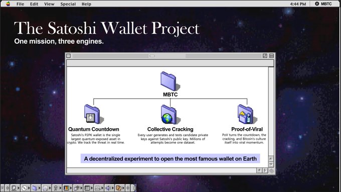 A retro computer interface displays 'The Satoshi Wallet Project' with the tagline 'One mission, three engines,' featuring sections on Quantum Countdown, Collective Cracking, and Proof-of-Viral with the MBTC label.