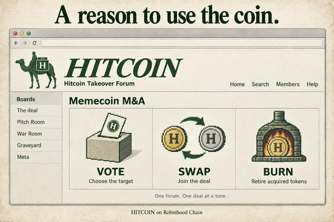 A retro-styled webpage mockup titled "HITCOIN Takeover Forum" displays the "Memecoin M&A" interface with three clickable options: VOTE (Choose the target), SWAP (Join the deal), and BURN (Retire acquired tokens), each illustrated with pixel-art icons. The tagline "A reason to use the coin" appears at the top, with "One forum. One deal at a time." at the bottom and "HITCOIN on Robinhood Chain" noted below, visually illustrating the post's concept of building community-driven memecoin mergers and acquisitions.